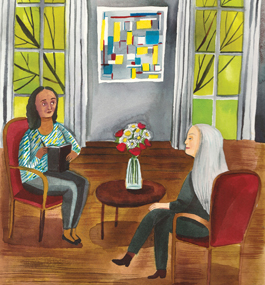 Drawing of two women sitting in chairs, separated by low, round table, in a space with floor-to-ceiling windows. The younger woman holds a notebook and looks a little apprehensive; the older woman looks serene.